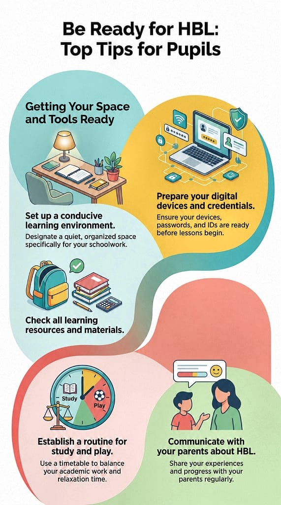 An educational infographic titled "Be Ready for HBL: Top Tips for Pupils." Divided into four pastel-colored sections, it outlines steps for Home-Based Learning: 1) Set up a conducive learning environment with a clean study desk, chair, and desk lamp, 2) Prepare your digital devices and credentials illustrating a laptop with security icons, 3) Check all learning resources and materials showing a backpack, books, pencil, and calculator, and 4) Establish a routine for study and play alongside Communicate with your parents about HBL, featuring a clock balancing study and play time, and a child talking with a parent.